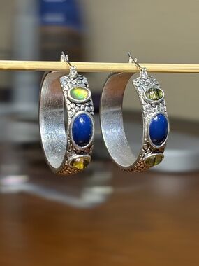 Vintage Silvertone Hoop Earrings with Blue and Green Iridescent gemstone inlays